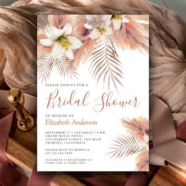 White Lily Floral Palm Earthy Pampas Bridal Shower Invitations