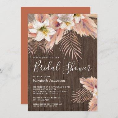 White Lily Floral Palm Pampas Wood Bridal Shower Invitations