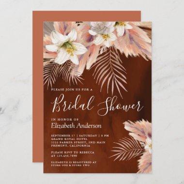 White Lily Palm Pampas Burnt Orange Bridal Shower Invitations