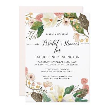 White Magnolia Blush Pink Floral Twig n Foliage Invitations