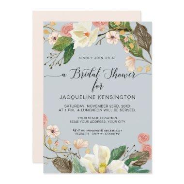 White Magnolia Dusty Blue Pink Floral Twig Foliage