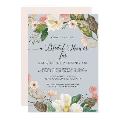 White Magnolia Dusty Blue Pink Floral Twig Foliage Invitations