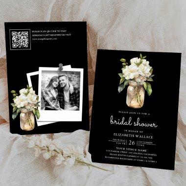 White Magnolia Floral Black QR Code