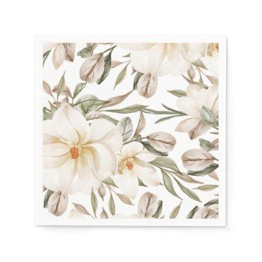 White Magnolia Floral Bridal Shower Greenery Napkins