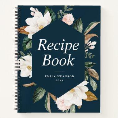 white magnolia floral navy Recipe Book