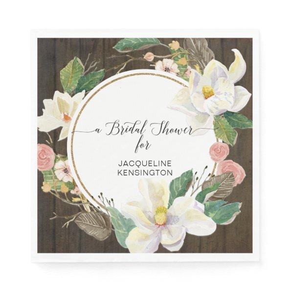 White Magnolia Floral Watercolor Blush Rustic Wood Napkins