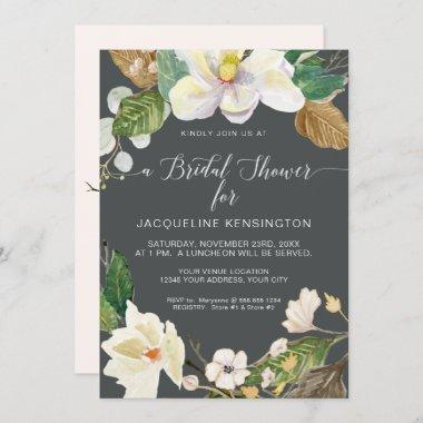 White Magnolia Floral Watercolor Foliage Gray Invitations