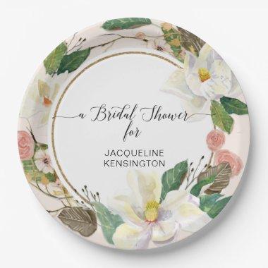 White Magnolia Gold Blush Floral Watercolor Leaves Paper Plates