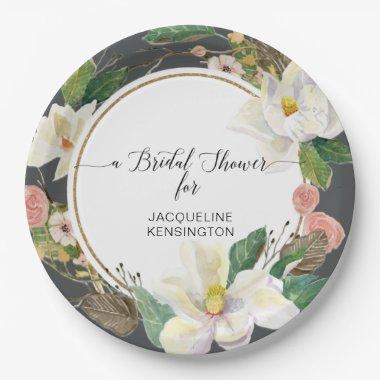 White Magnolia Watercolor Gold Blush Floral Leaves Paper Plates