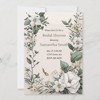 White Magnolias and Butterfly Bridal Shower Invitations