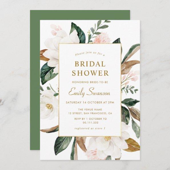 White magnolias gold frame bridal shower Invitations
