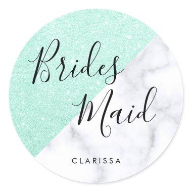 White marble & mint green glitter bridesmaid classic round sticker