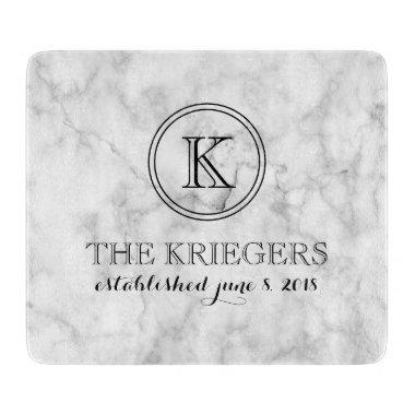 White Marble Monogram Heart Wedding Cutting Board