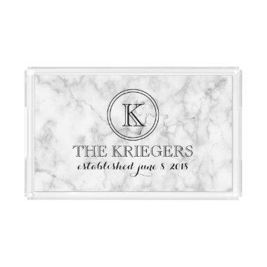 White Marble Monogram Wedding Cutting Board Acrylic Tray