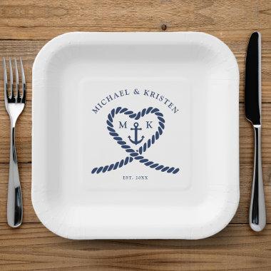 White & Nautical Blue Rope Heart Anchor Wedding Paper Plates