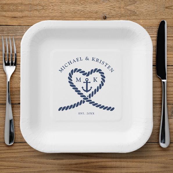 White & Nautical Blue Rope Heart Anchor Wedding Paper Plates