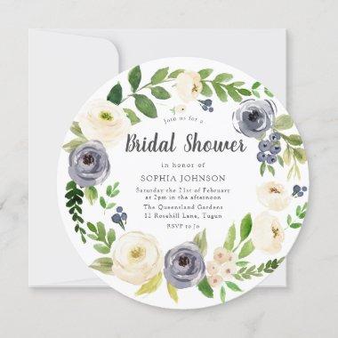 White Navy Floral Wreath Neutral Bridal Shower Invitations