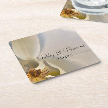 White Orchid Elegance Wedding Square Paper Coaster