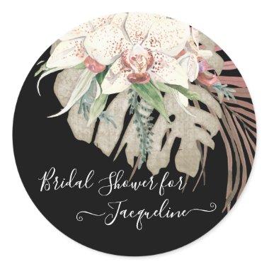 White Orchid Elegant Black Khaki Floral Greenery Classic Round Sticker