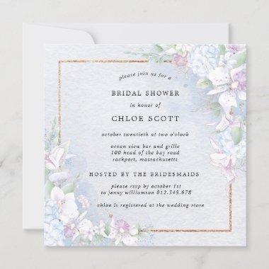 White Orchid Floral Blue Watercolor Bridal Shower Invitations