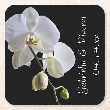 White Orchid on Black Wedding Square Paper Coaster