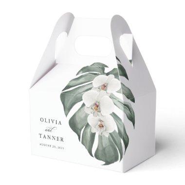 White Orchids and Monstera Leaf Tropical Floral Favor Boxes