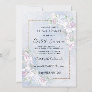 White Orchids Dusty Blue Watercolor Bridal Shower Invitations