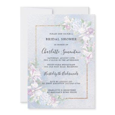 White Orchids Dusty Blue Watercolor Bridal Shower Invitations