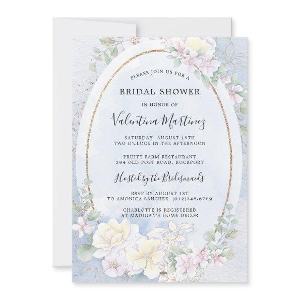 White Orchids Dusty Blue Watercolor Bridal Shower Invitations