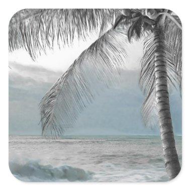 White Palm Coconut Tree Elegant Beach Wedding Square Sticker
