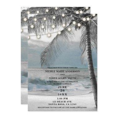 White Palm Coconut Tree & Lights Beach Wedding