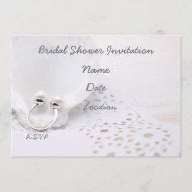 White pearl ring on white shell Bridal Shower Invitations