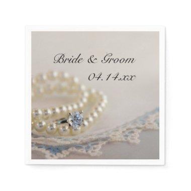 White Pearls, Diamond Ring and Blue Lace Wedding Napkins