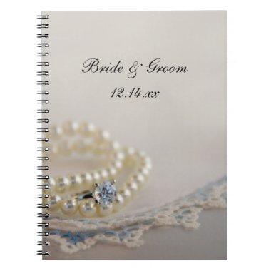 White Pearls, Diamond Ring and Blue Lace Wedding Notebook