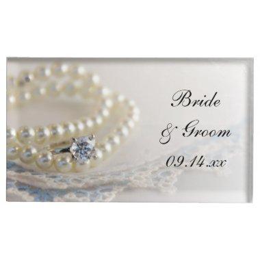 White Pearls, Diamond Ring and Blue Lace Wedding Table Card Holder