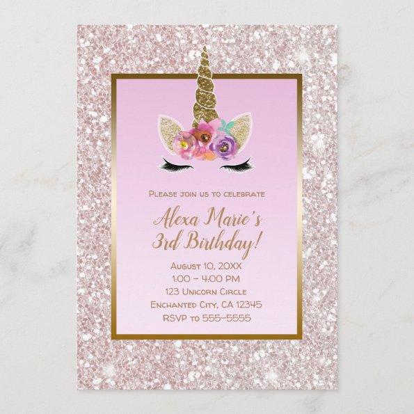 White Pink Glitter Gold Unicorn Birthday Party Invitations