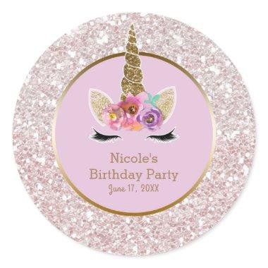 White Pink Gold Glitter Glam Unicorn Party Favor Classic Round Sticker