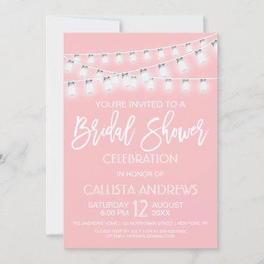 White Pink Mason Jar String Lights Bridal Shower Invitations