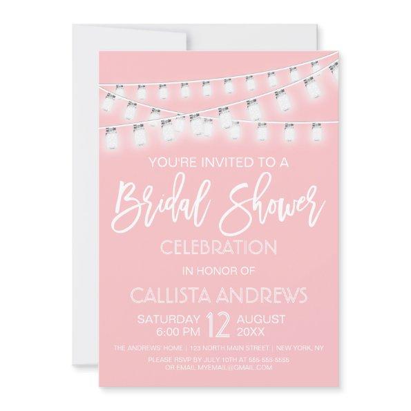 White Pink Mason Jar String Lights Bridal Shower Invitations