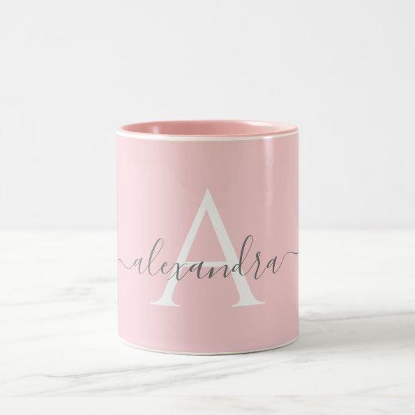 White Pink Name Initial Monogram Elegant Script Two-Tone Coffee Mug