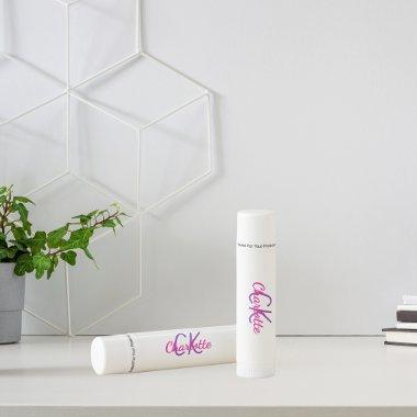 White pink purple monogram name lip balm