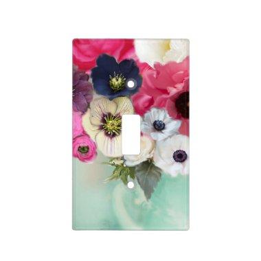 WHITE PINK ROSES AND ANEMONE FLOWERS ,Fuchsia Teal Light Switch Cover