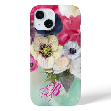 WHITE PINK ROSES AND ANEMONE FLOWERS MONOGRAM iPhone 15 CASE