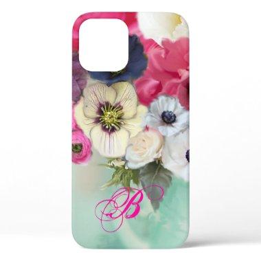 WHITE PINK ROSES AND ANEMONE FLOWERS MONOGRAM iPhone 12 CASE