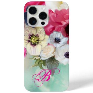 WHITE PINK ROSES AND ANEMONE FLOWERS MONOGRAM iPhone 15 PRO MAX CASE
