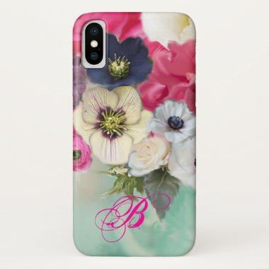 WHITE PINK ROSES AND ANEMONE FLOWERS MONOGRAM iPhone X CASE