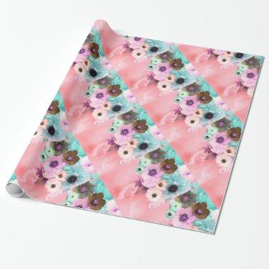 WHITE PINK ROSES AND ANEMONE FLOWERS WRAPPING PAPER