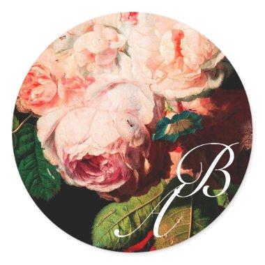 WHITE PINK ROSES AND MORNING GLORY MONOGRAM CLASSIC ROUND STICKER