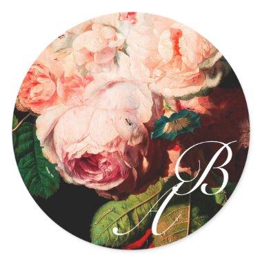 WHITE PINK ROSES AND MORNING GLORY MONOGRAM CLASSIC ROUND STICKER