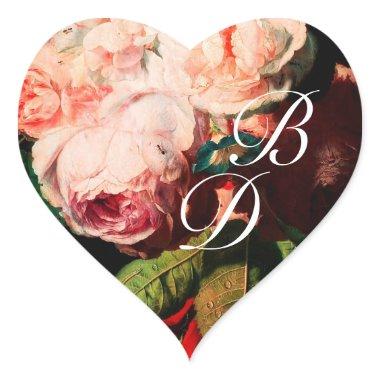 WHITE PINK ROSES AND MORNING GLORY MONOGRAM HEART STICKER